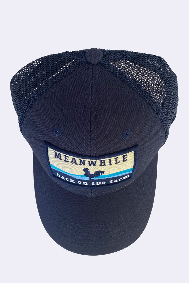 Navy Trucker Hat with Patch for Meanwhile Back on the Farm