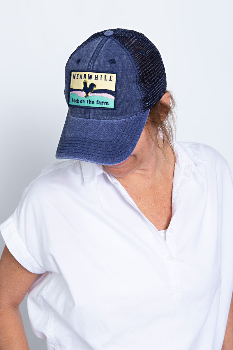 Navy Trucker Hat with Meanwhile Back on the Farm patch