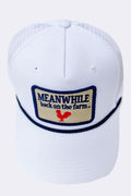 White Baseball Cap with Meanwhile Back on the Farm Embroidery