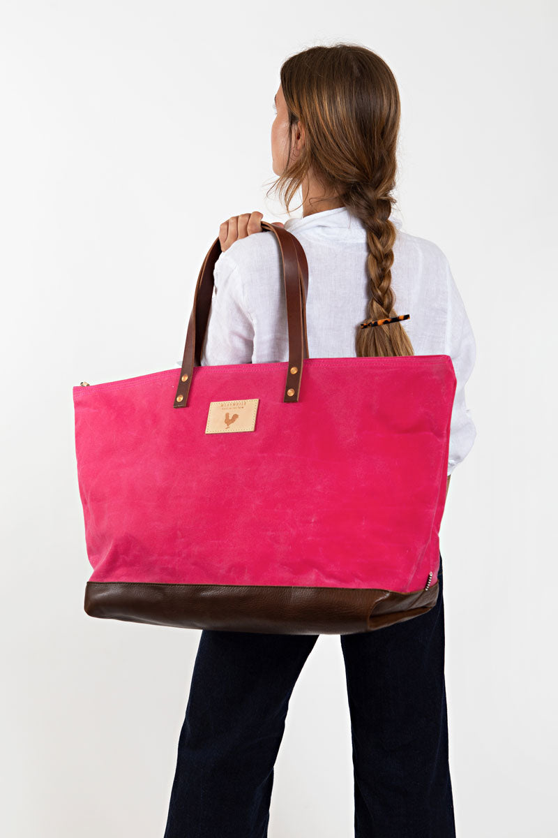 Pink Canvas Tote Bag with Tan Handles and Leather Bottom
